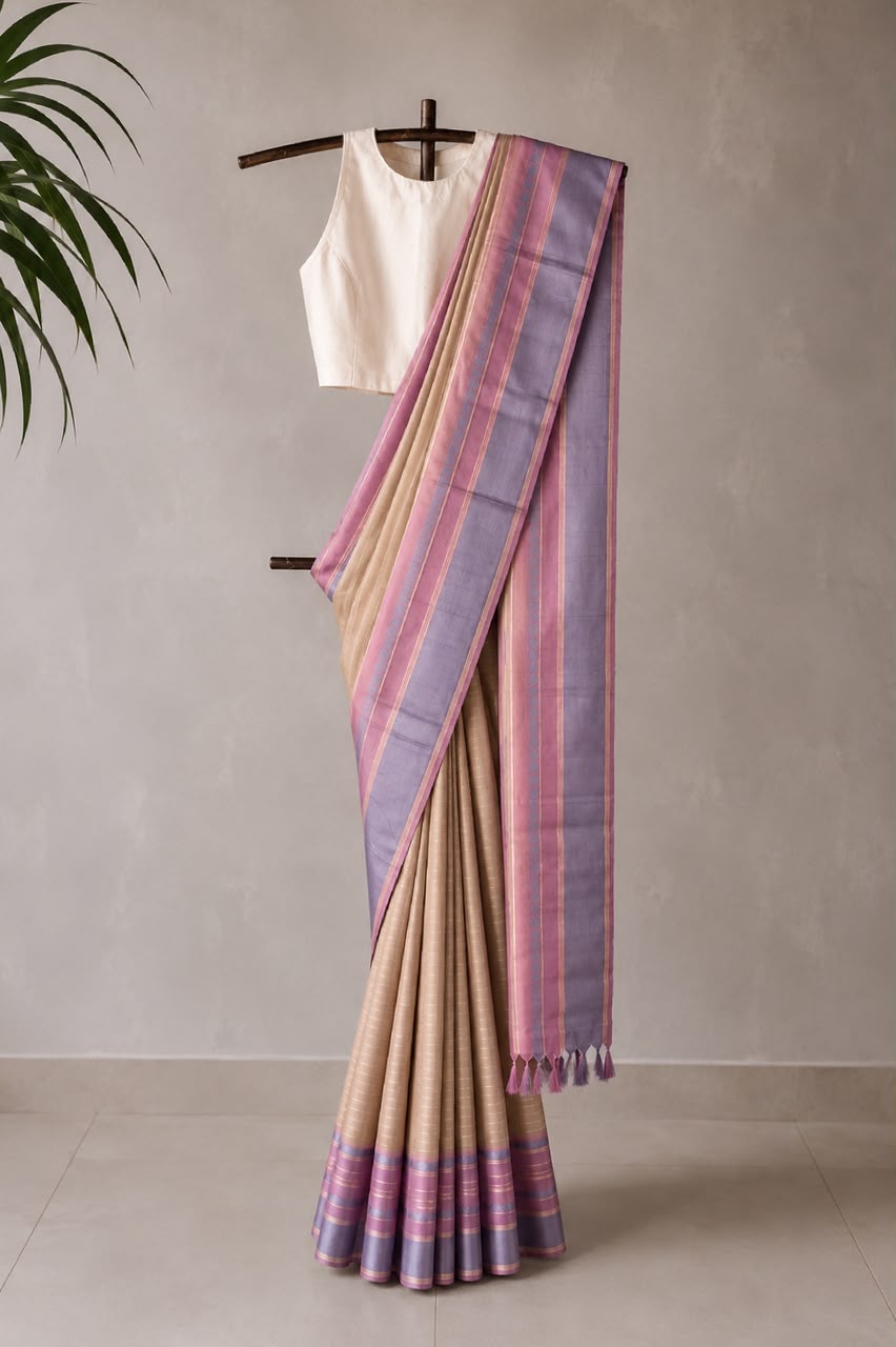 Blush Pink & Leaf Green Threadwork Pure Kanjivaram Silk Saree