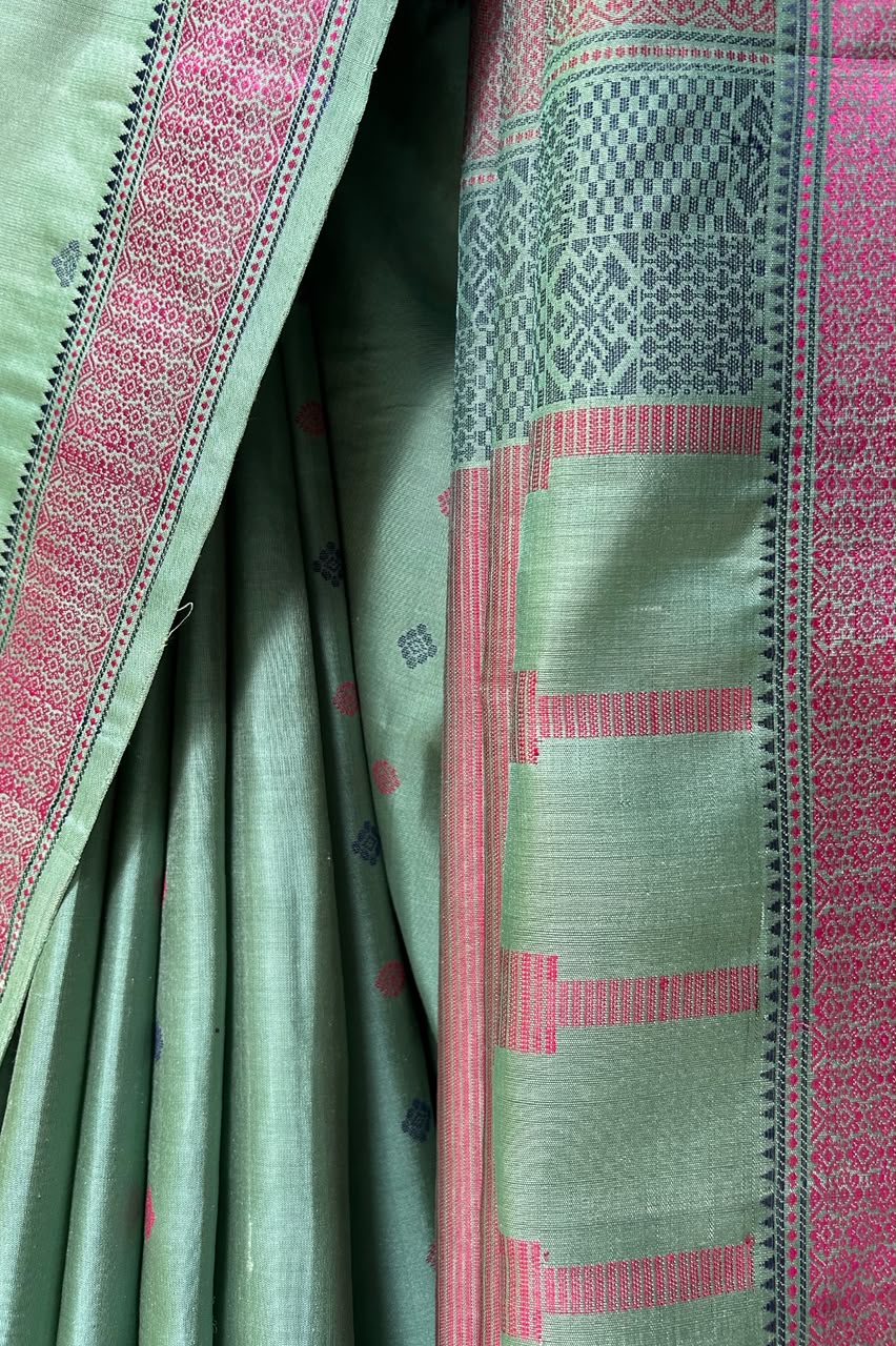Mint Green & Dusky Mauve Threadwork Pure Kanjivaram Silk Saree