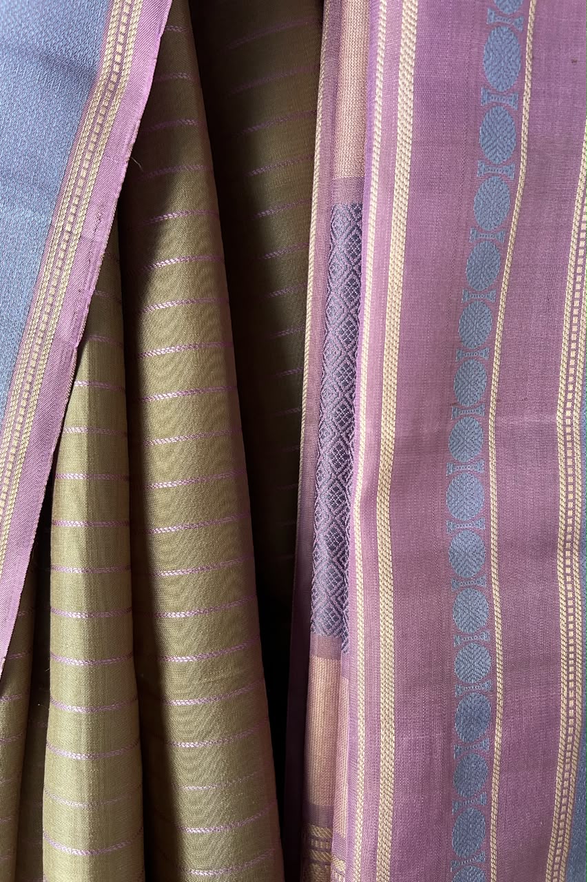 Blush Pink & Leaf Green Threadwork Pure Kanjivaram Silk Saree
