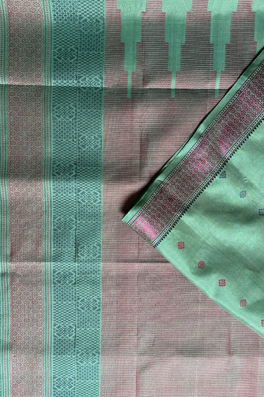 Mint Green & Dusky Mauve Threadwork Pure Kanjivaram Silk Saree