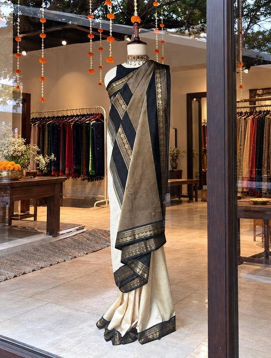 Off-White & Black Kanchipuram Threadwork Saree