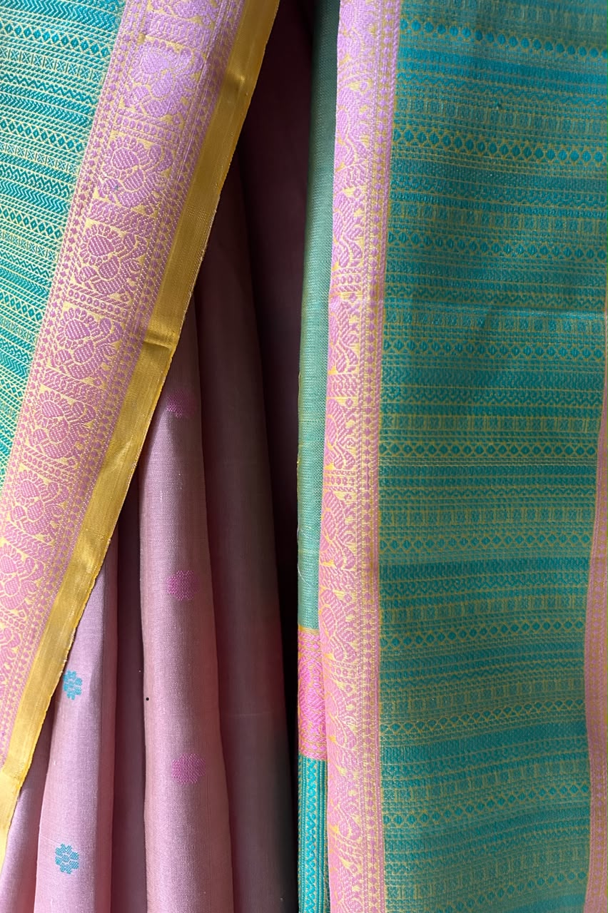 Champagne Beige & Lavender Threadwork Pure Kanjivaram Silk Saree