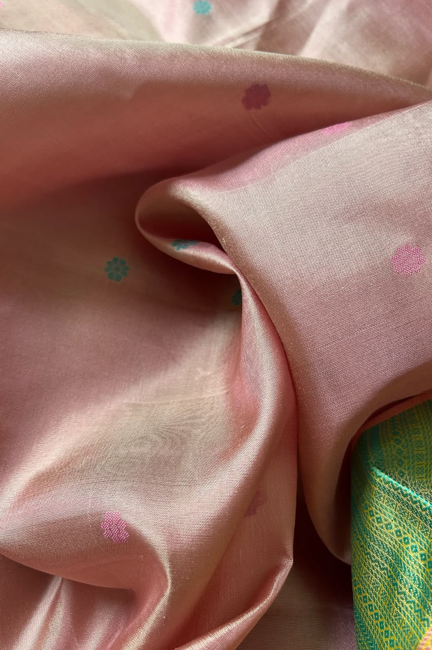 Champagne Beige & Lavender Threadwork Pure Kanjivaram Silk Saree
