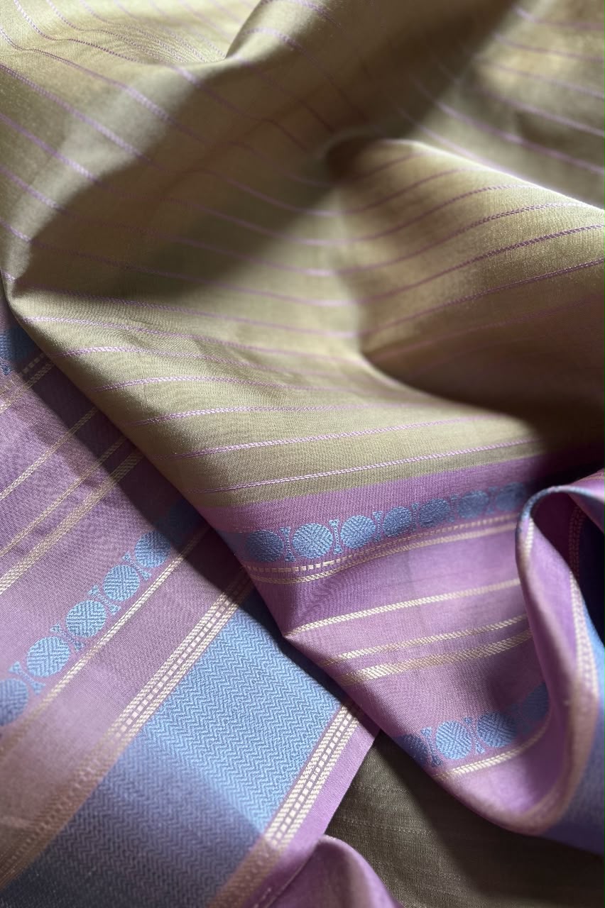Blush Pink & Leaf Green Threadwork Pure Kanjivaram Silk Saree