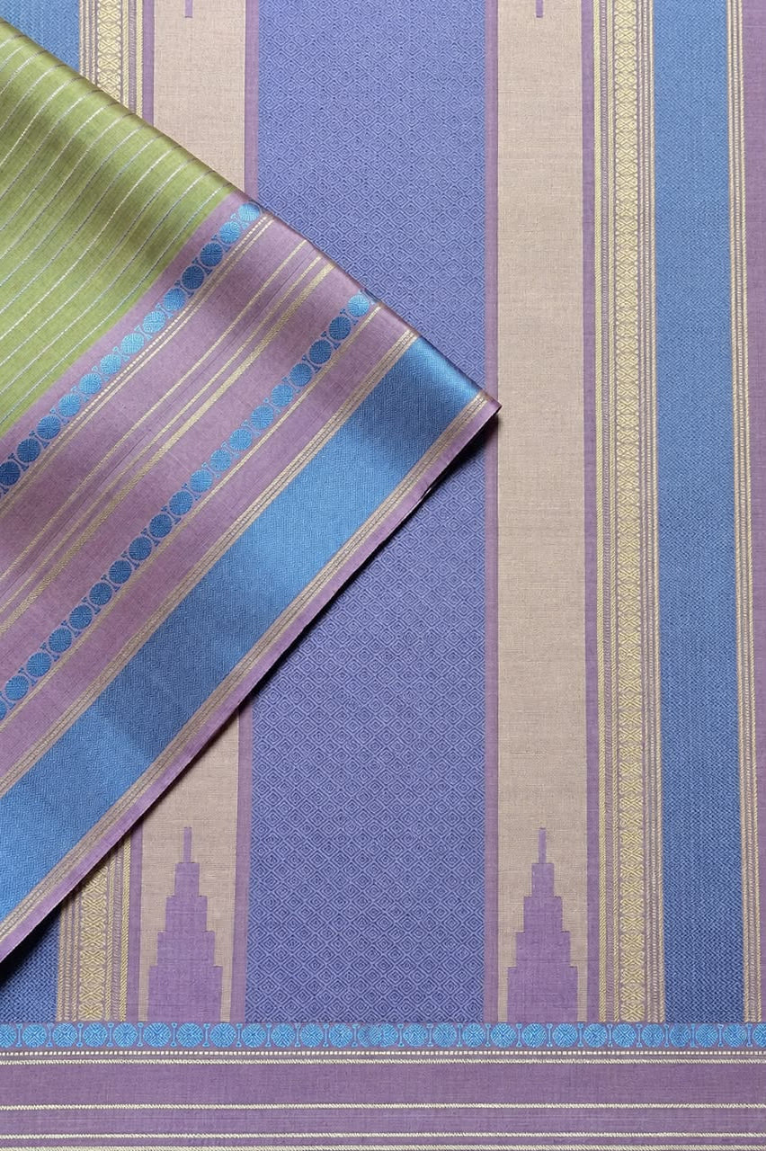 Blush Pink & Leaf Green Threadwork Pure Kanjivaram Silk Saree