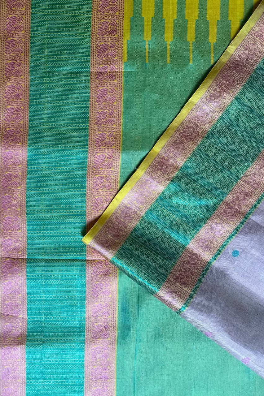 Champagne Beige & Lavender Threadwork Pure Kanjivaram Silk Saree