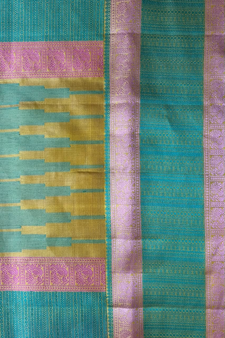 Champagne Beige & Lavender Threadwork Pure Kanjivaram Silk Saree