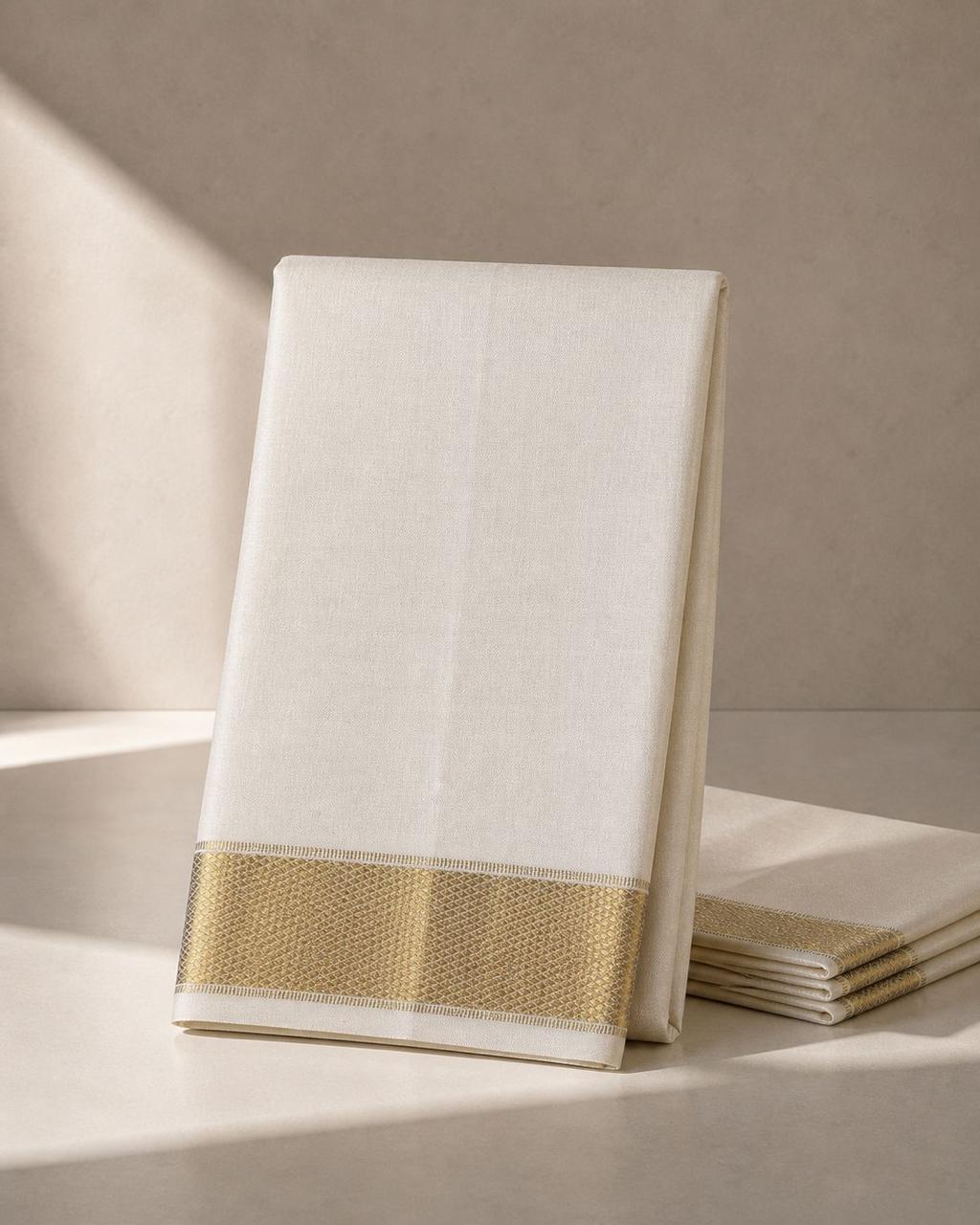 White Veshti with Gold Zari Kan Border