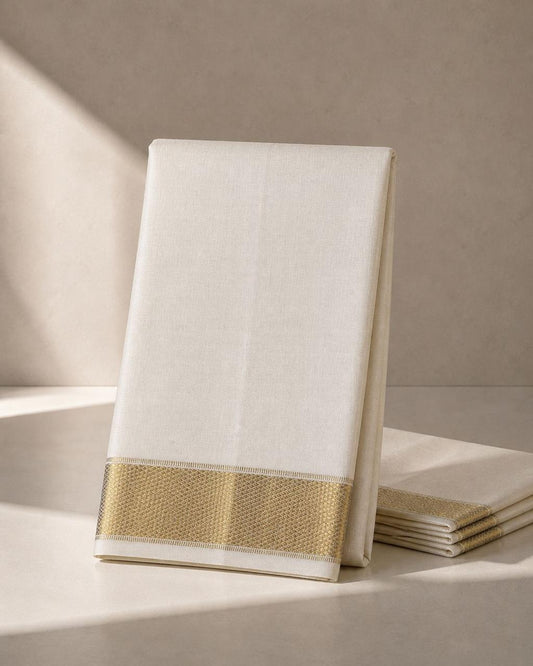 White Veshti with Gold Zari Kan Border