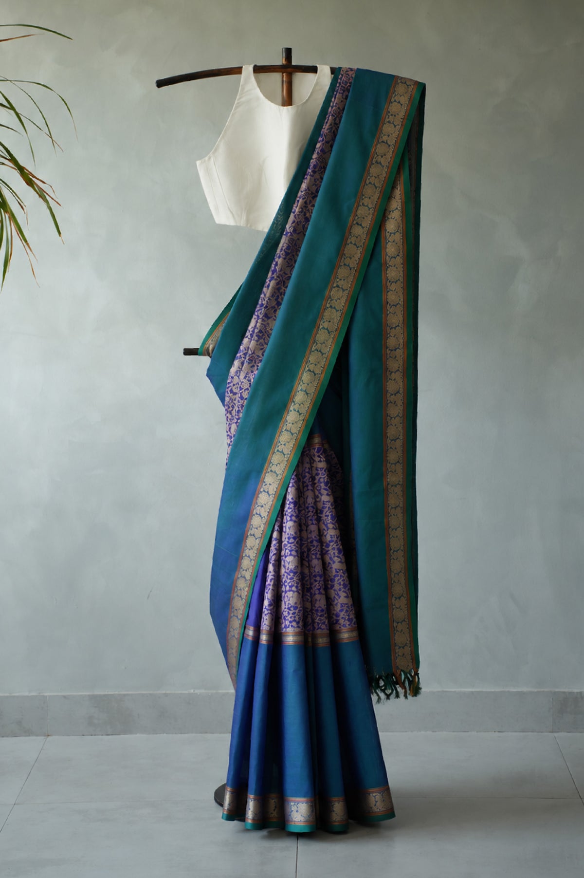 Violet Beige Kanchi Cotton Thread Work with Teal Blue and Beige Border Saree