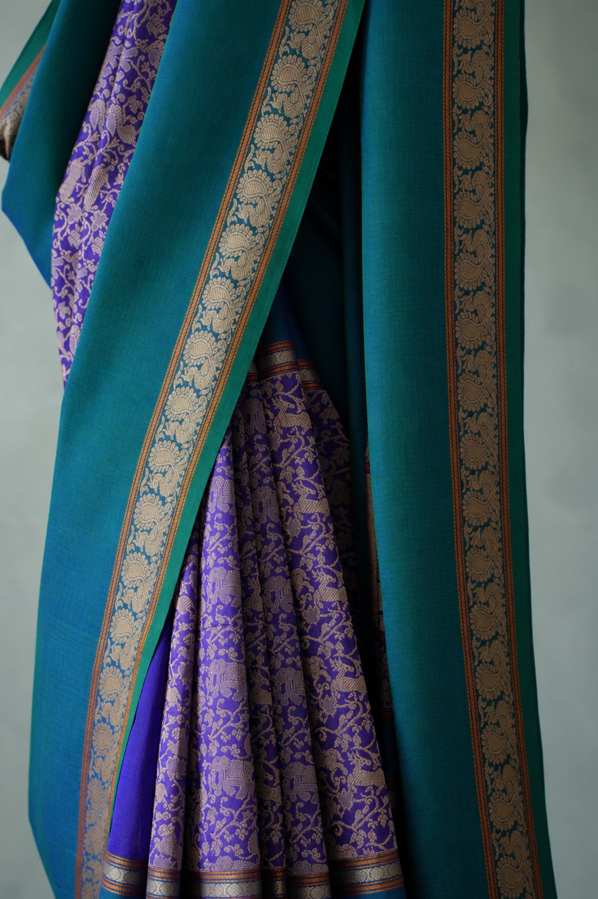 Violet Beige Kanchi Cotton Thread Work with Teal Blue and Beige Border Saree