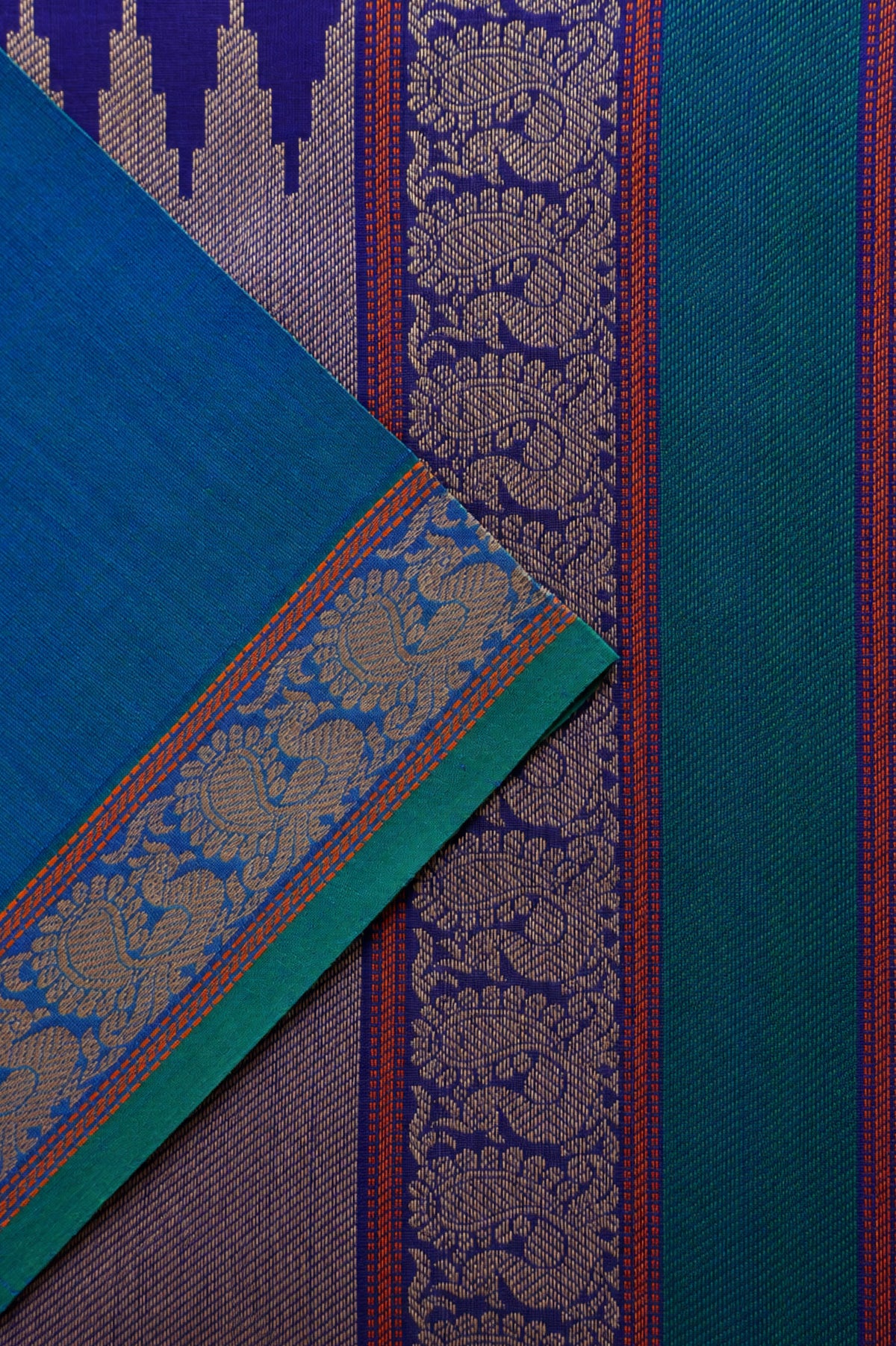 Violet Beige Kanchi Cotton Thread Work with Teal Blue and Beige Border Saree