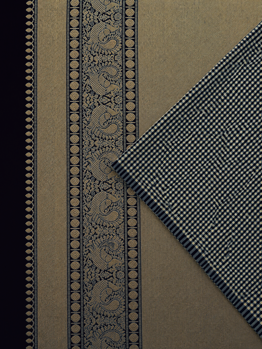 Black and White Micro-Check Handwoven Silk Saree with Gold Zari Pallu