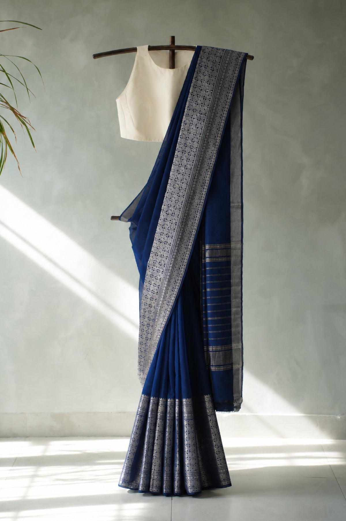 Royal Blue Plain Mangalagiri Silk Cotton with Silver Zari Border Saree