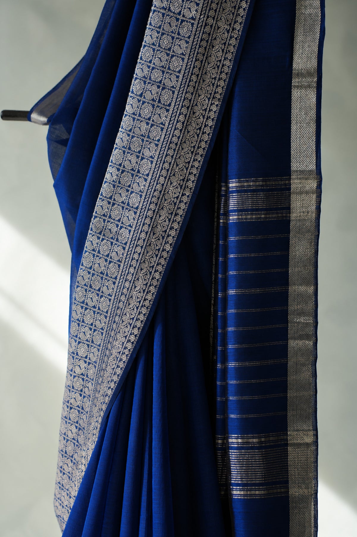 Royal Blue Plain Mangalagiri Silk Cotton with Silver Zari Border Saree