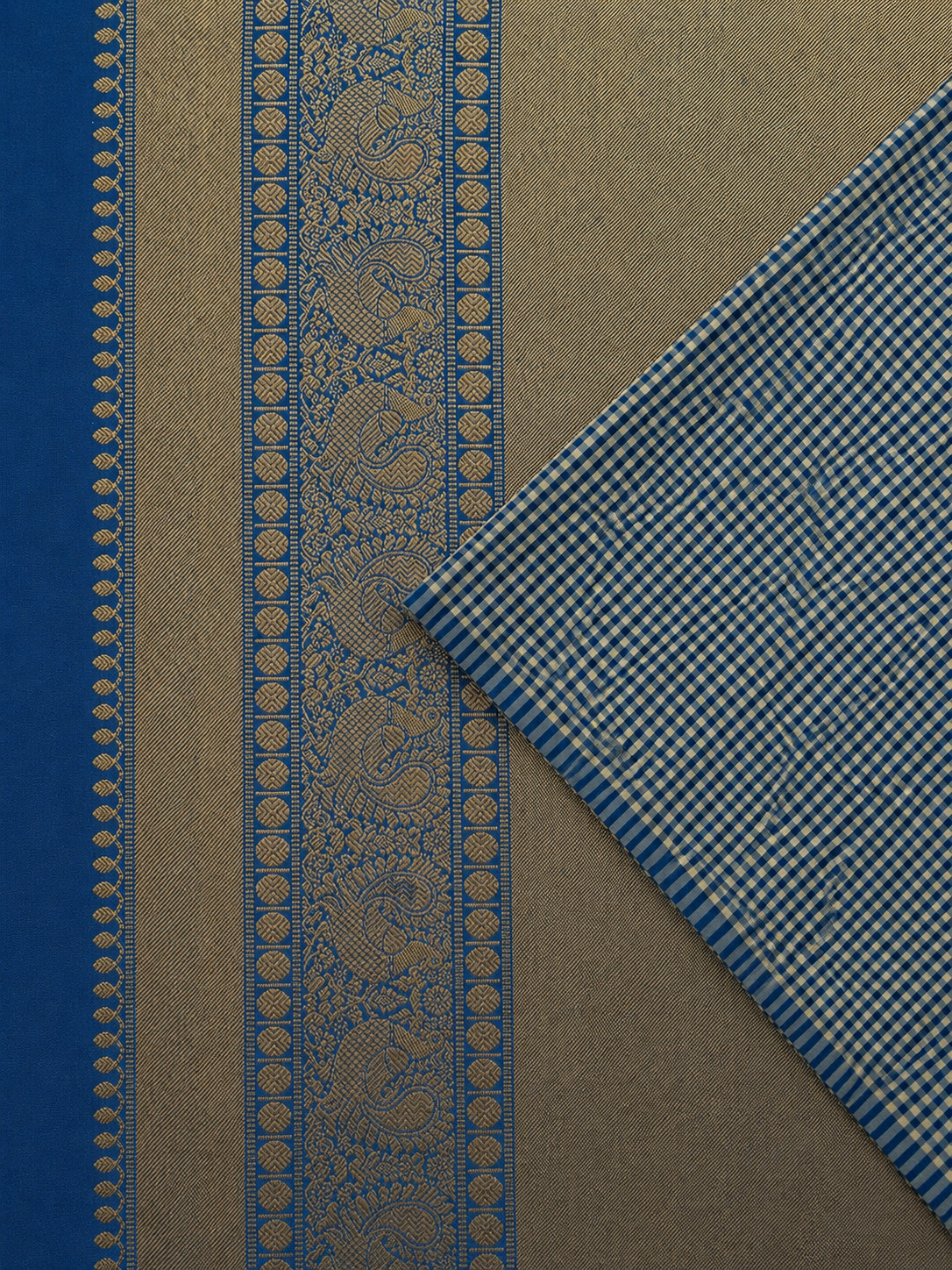 Blue and White Micro-Check Silk Saree with Gold Zari Pallu