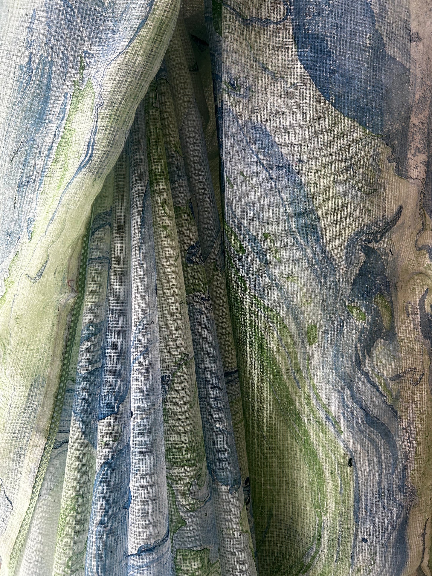 Ocean Blue & Sage Green Marbled Kota Cotton Saree With delicate lace trim