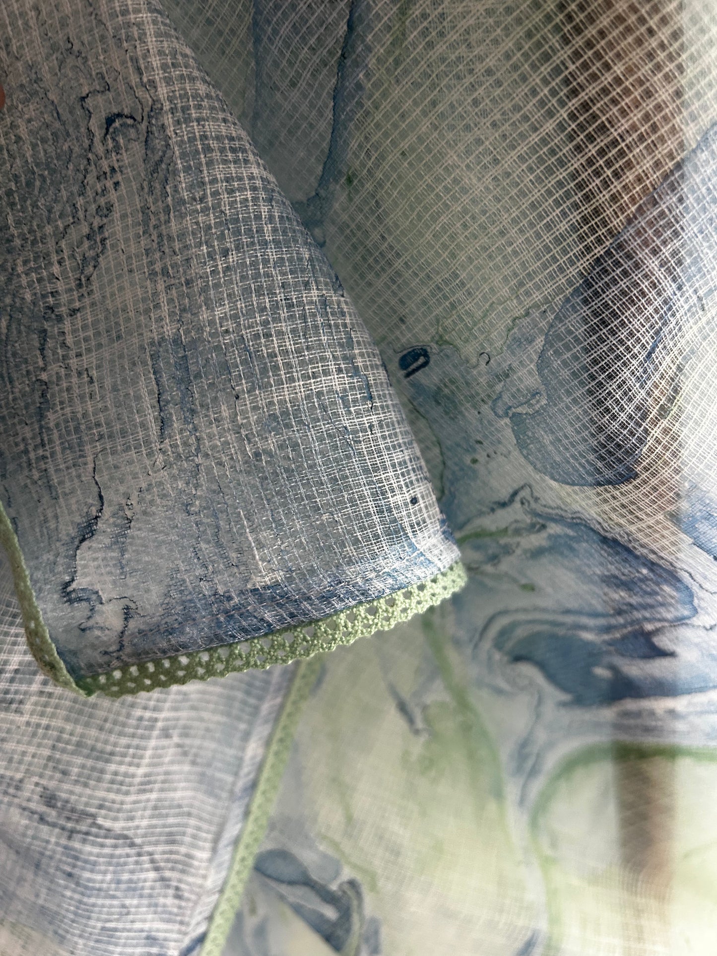 Ocean Blue & Sage Green Marbled Kota Cotton Saree With delicate lace trim