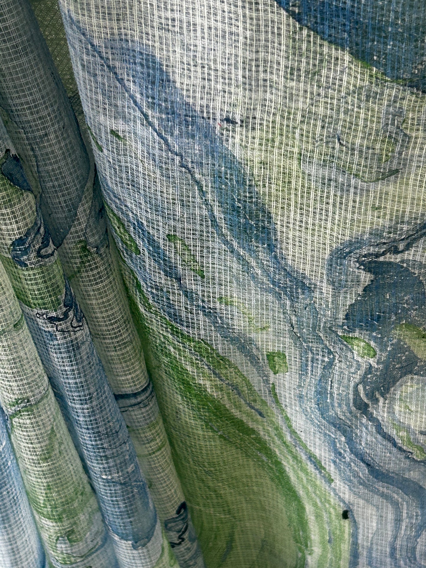 Ocean Blue & Sage Green Marbled Kota Cotton Saree With delicate lace trim