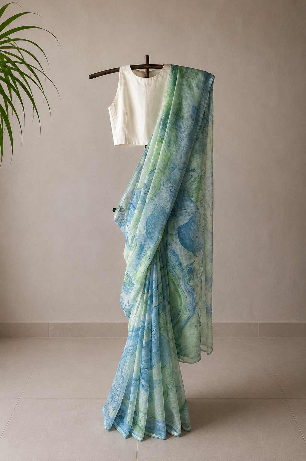 Ocean Blue & Sage Green Marbled Kota Cotton Saree With delicate lace trim