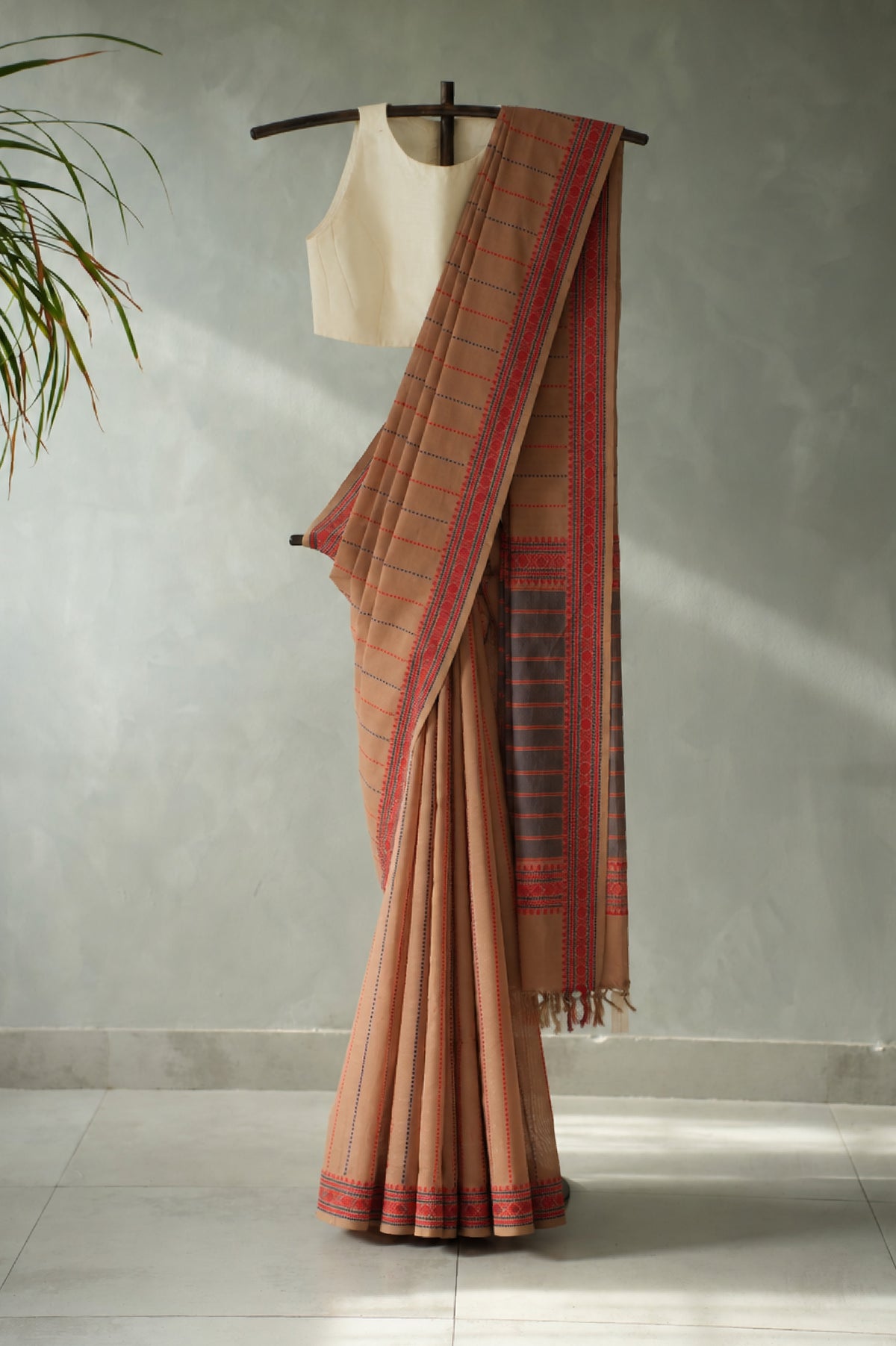 Earthy Beige Kanchi Cotton with Red and Dark Blue Border Saree