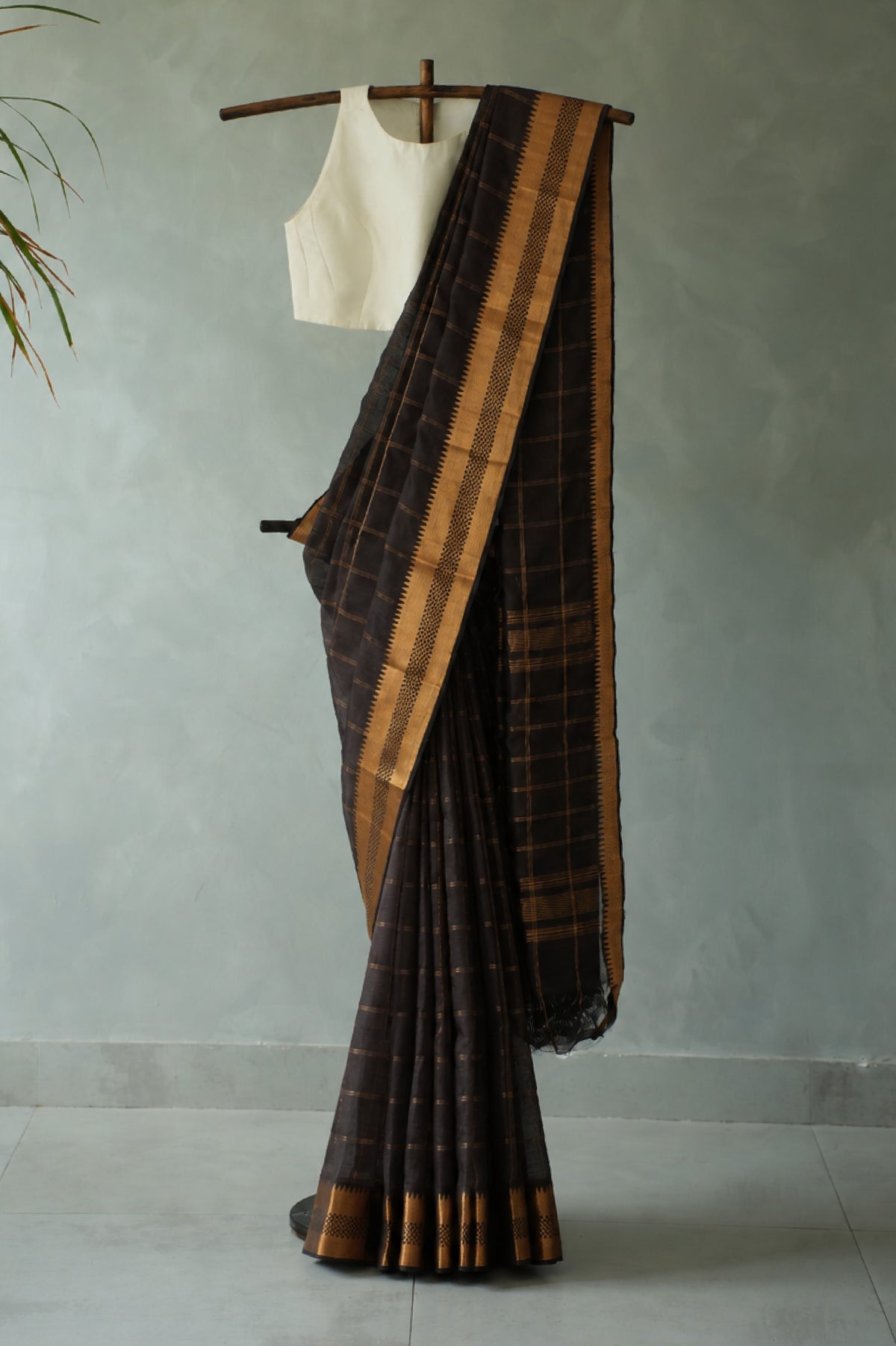 Deep Mud Brown Mangalagiri Silk Cotton with Copper Zari Border Saree