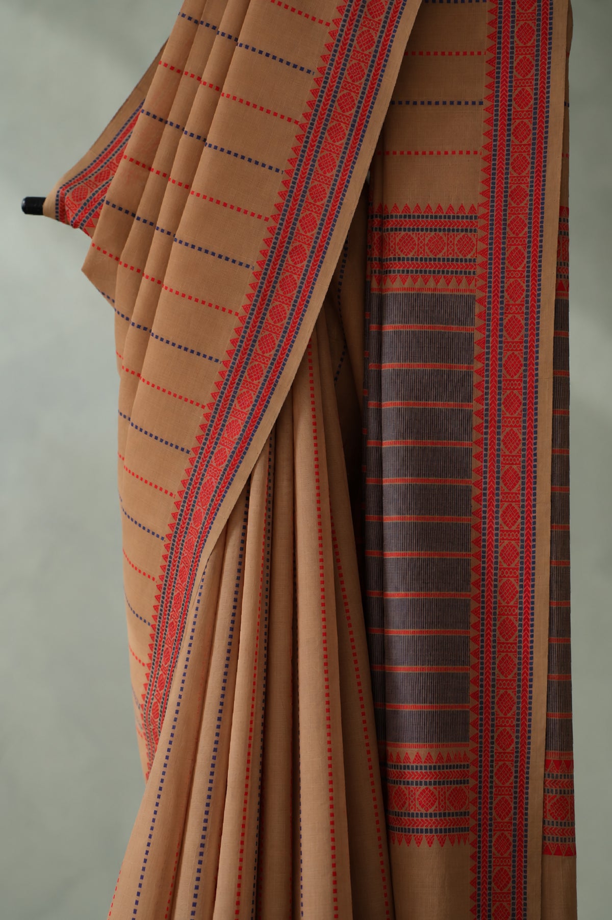 Earthy Beige Kanchi Cotton with Red and Dark Blue Border Saree
