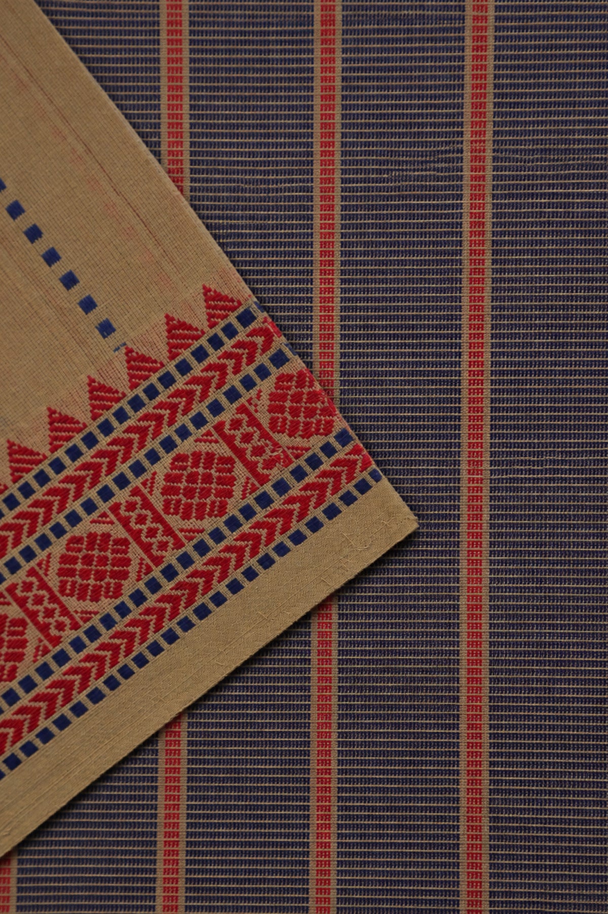 Earthy Beige Kanchi Cotton with Red and Dark Blue Border Saree