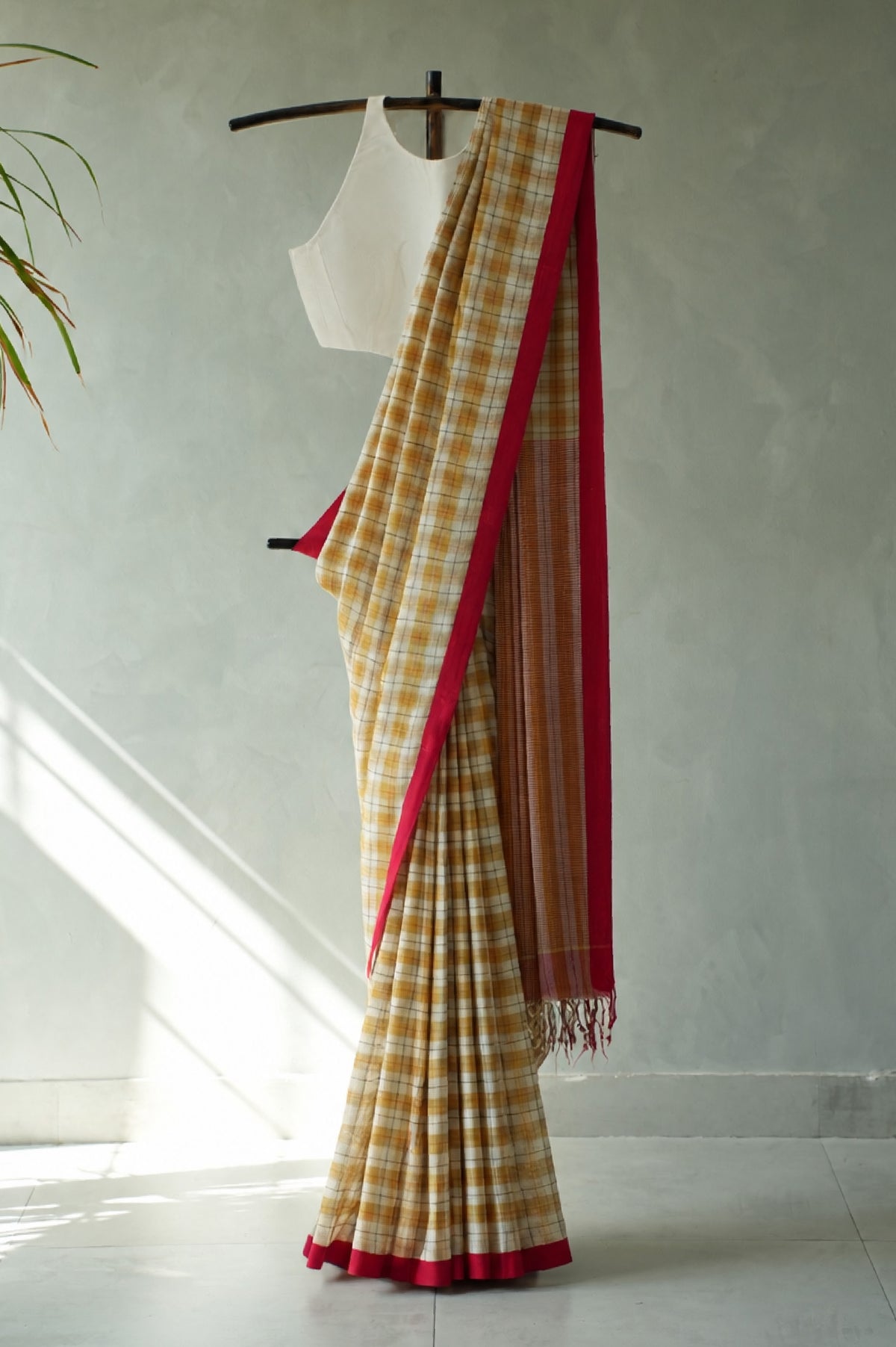 Ivory Checks Cotton with Red Border Saree