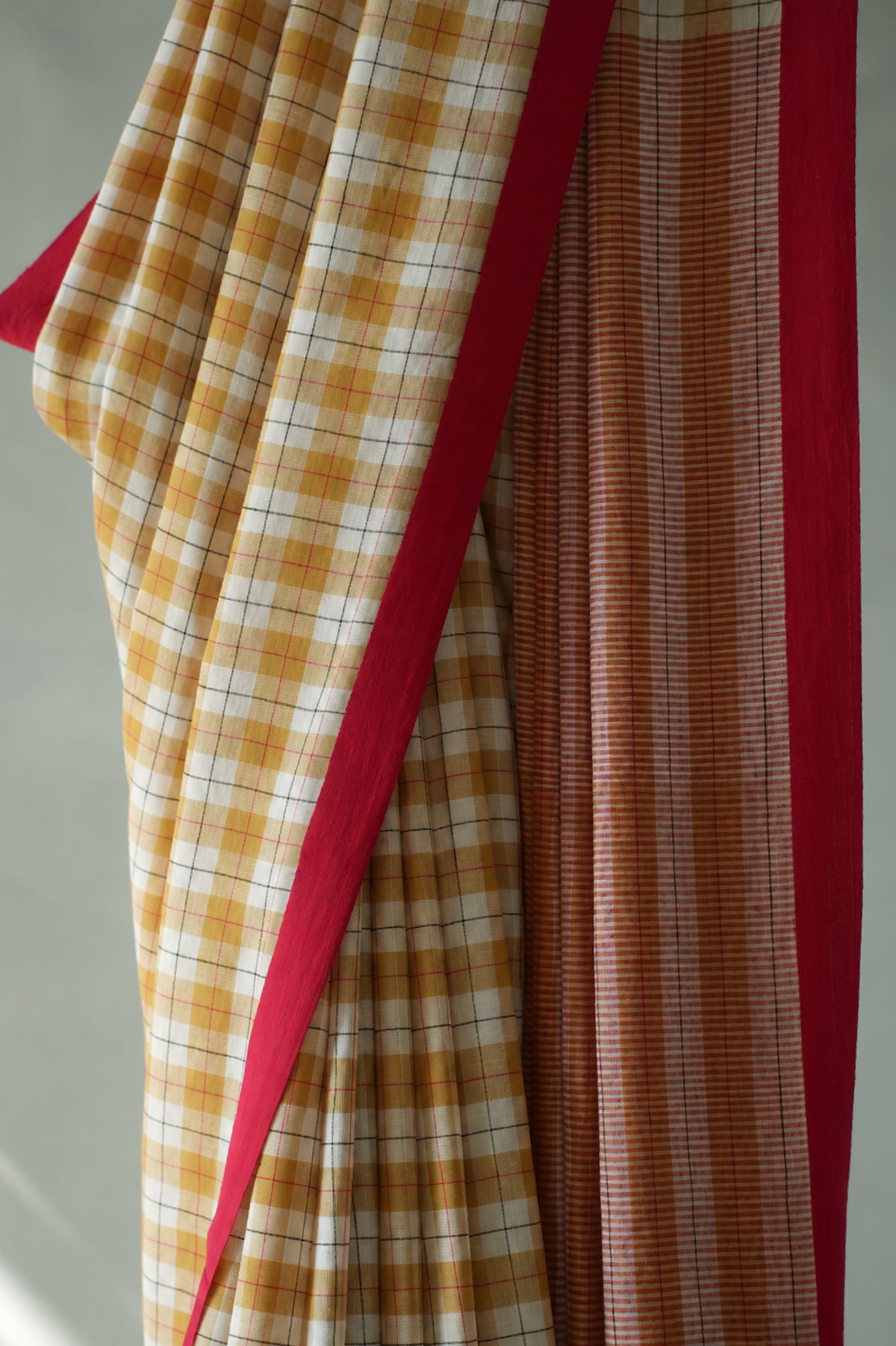 Ivory Checks Cotton with Red Border Saree
