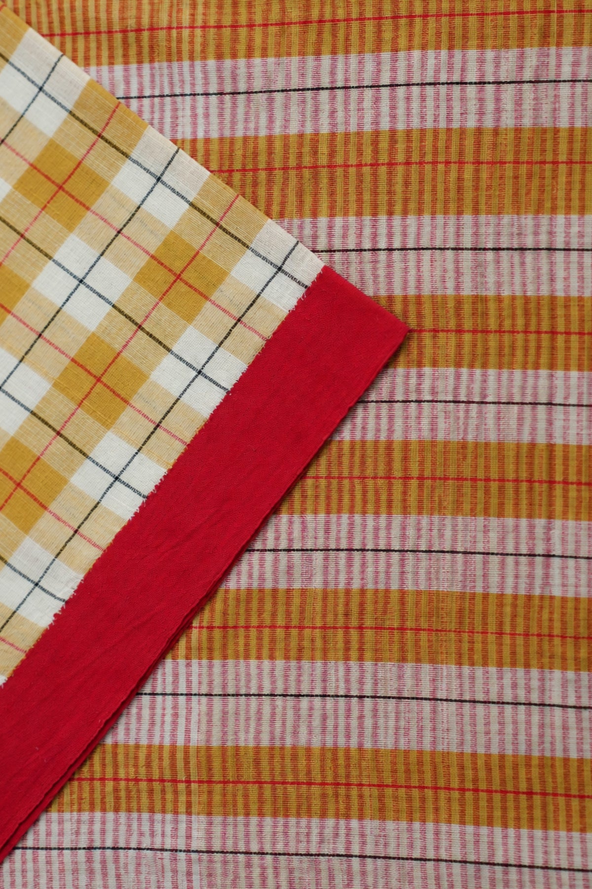 Ivory Checks Cotton with Red Border Saree