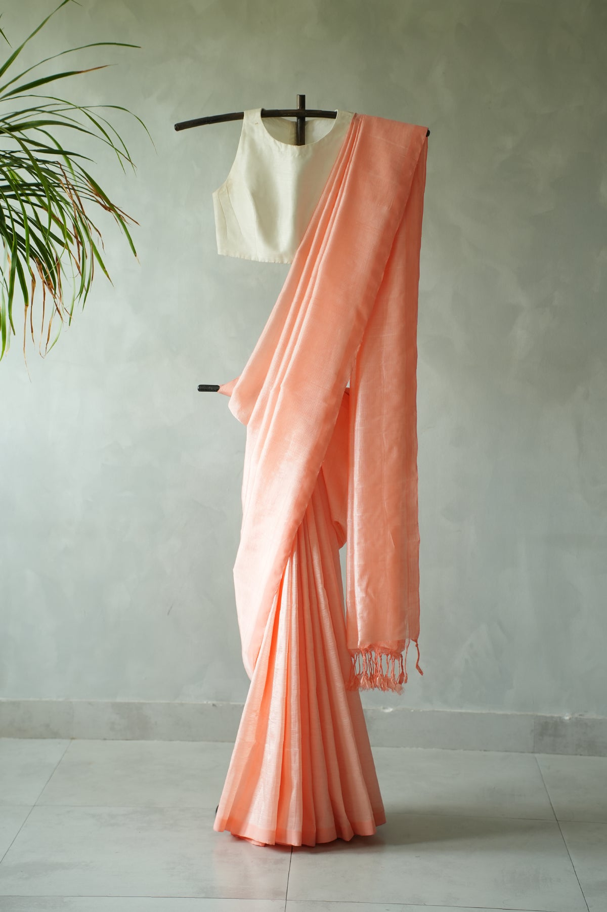 Coral Peach Plain Mangalagiri Silk Cotton Saree