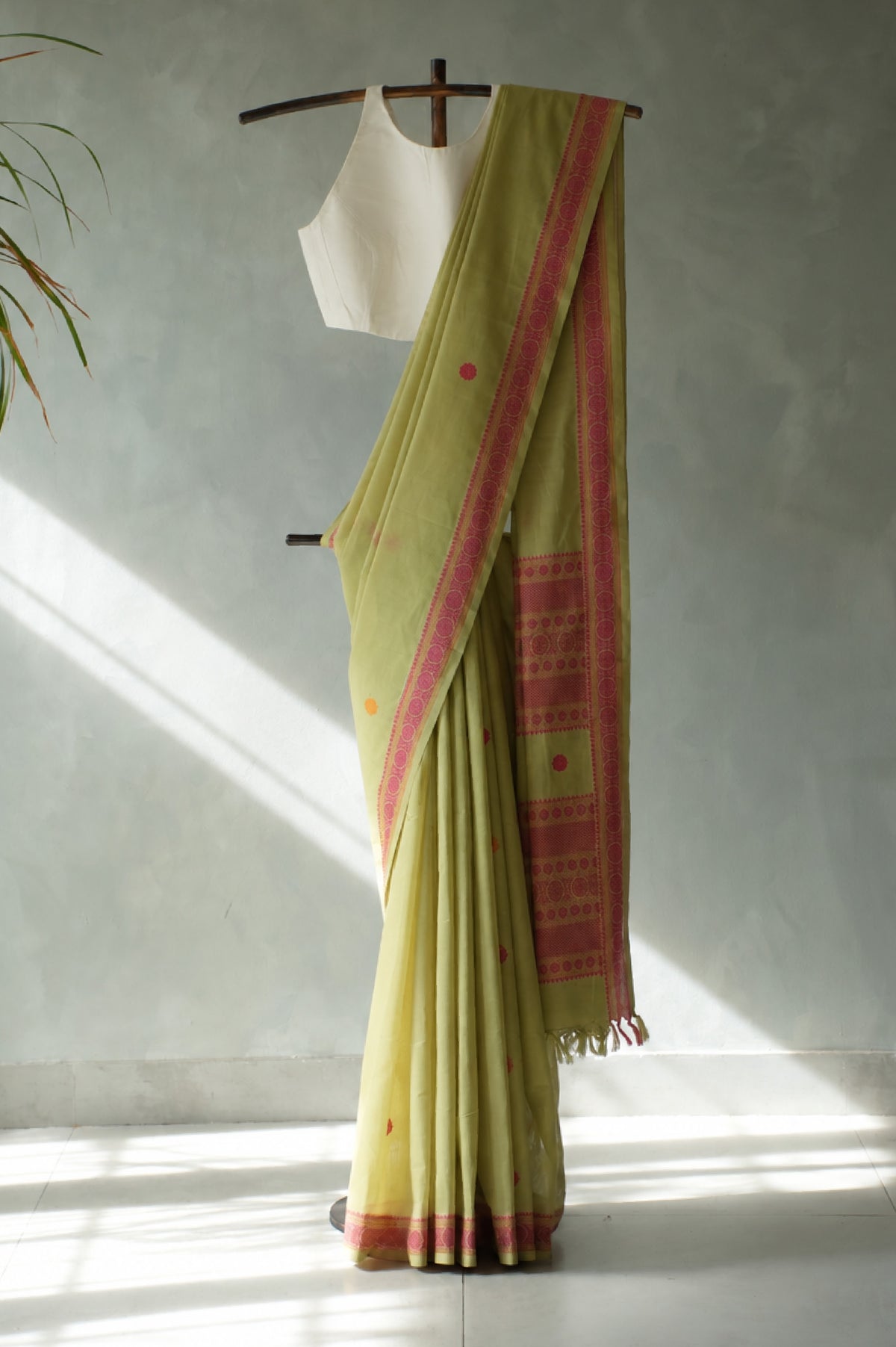 Soft Lime Green Kanchi Cotton Saree with Pink Border