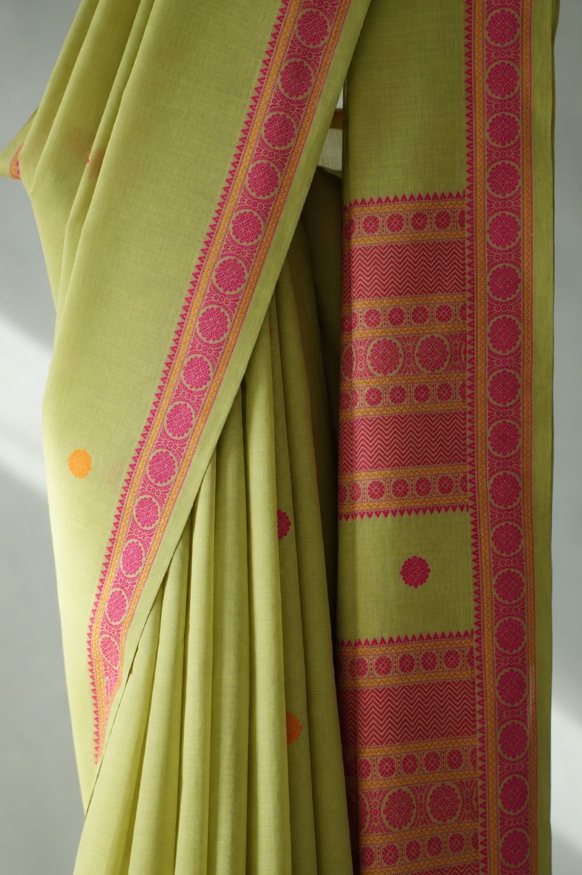 Soft Lime Green Kanchi Cotton Saree with Pink Border