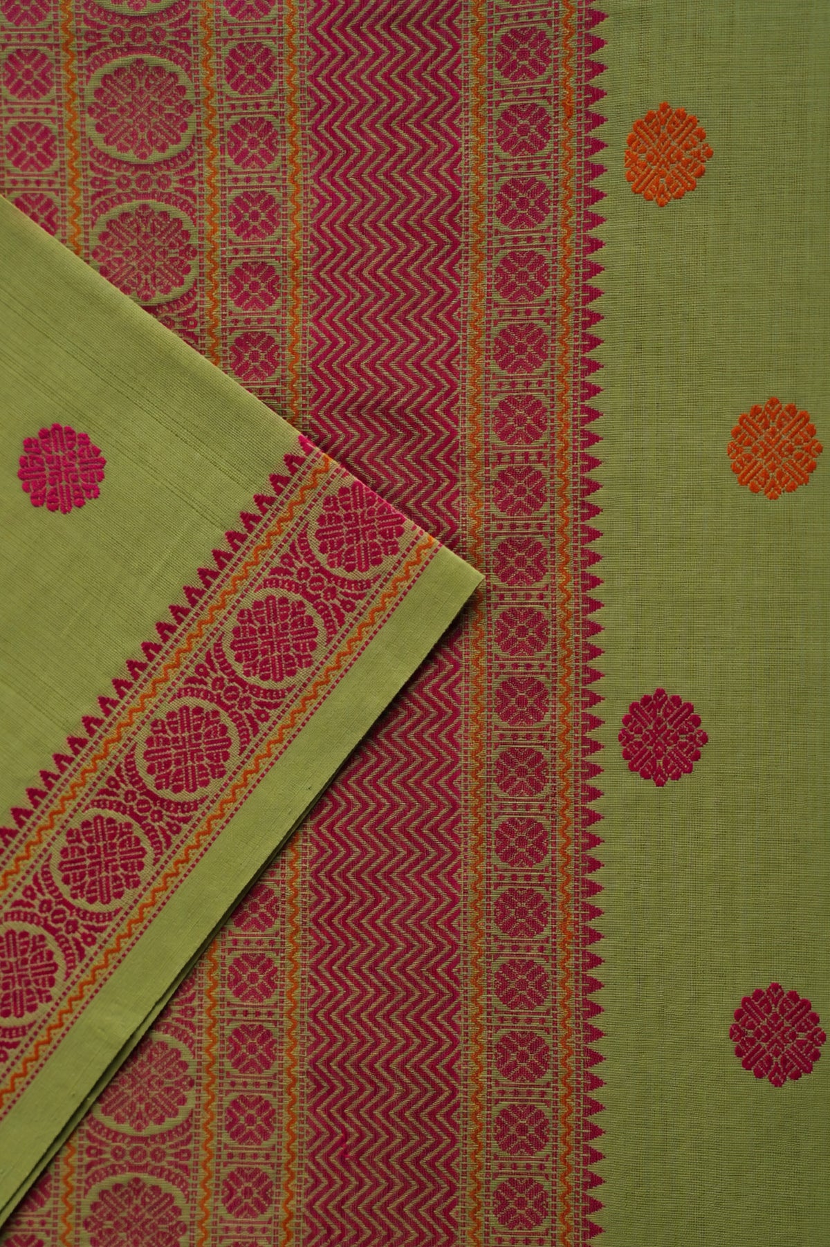 Soft Lime Green Kanchi Cotton Saree with Pink Border
