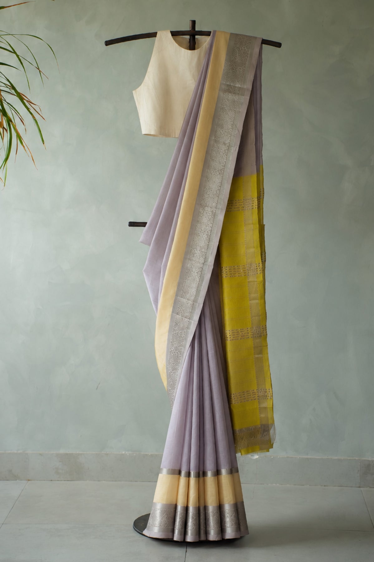 Lavender Grey Mangalagiri Silk Cotton with Silver Zari Border Saree