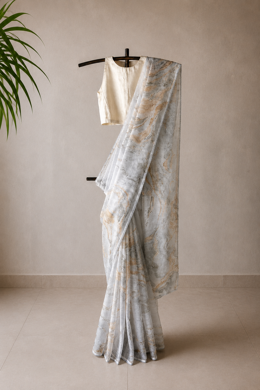 Grey Blue Hand-Painted Marbled Kota Cotton Saree with Delicate Lace Trim