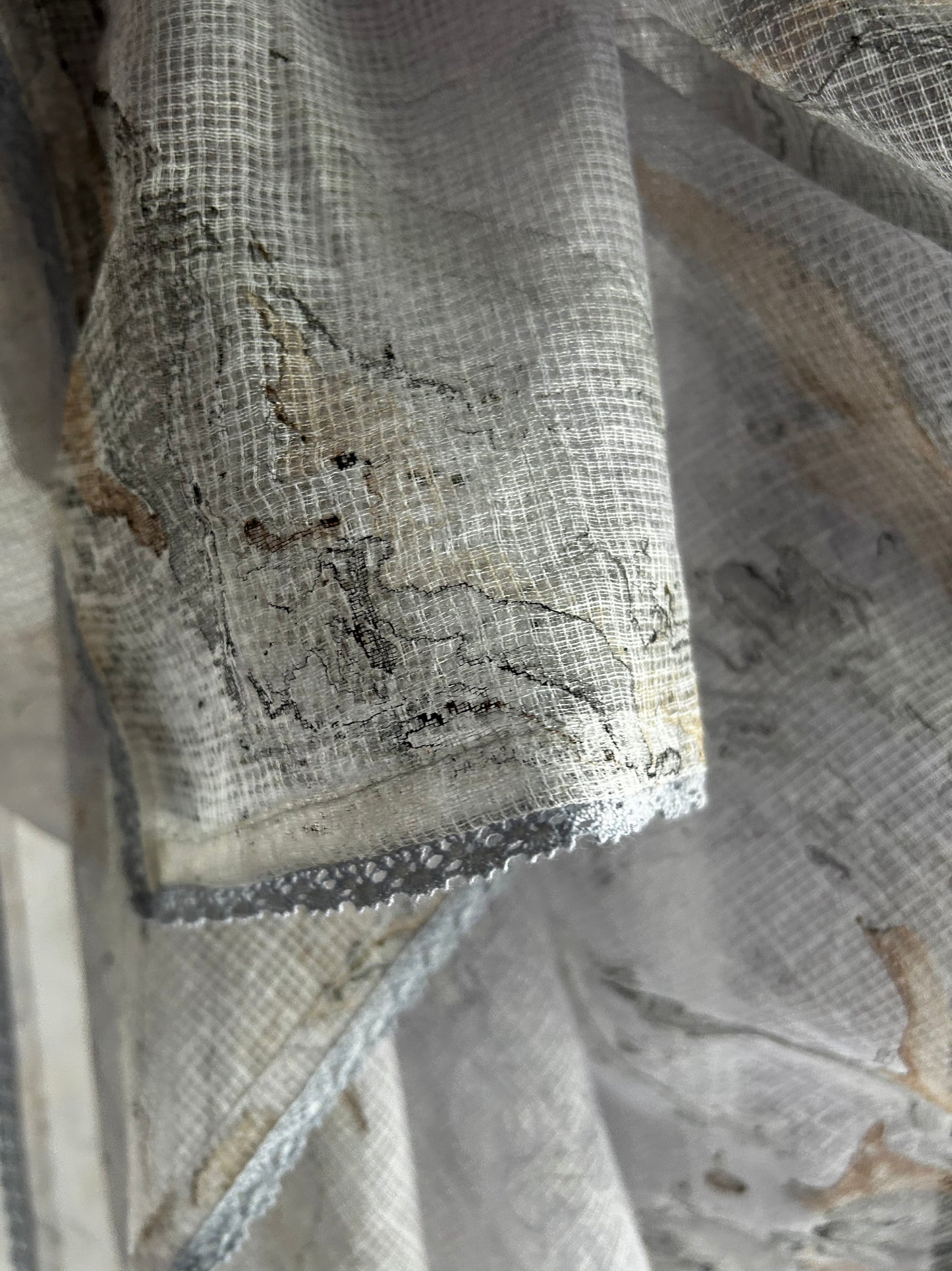 Grey Blue Hand-Painted Marbled Kota Cotton Saree with Delicate Lace Trim