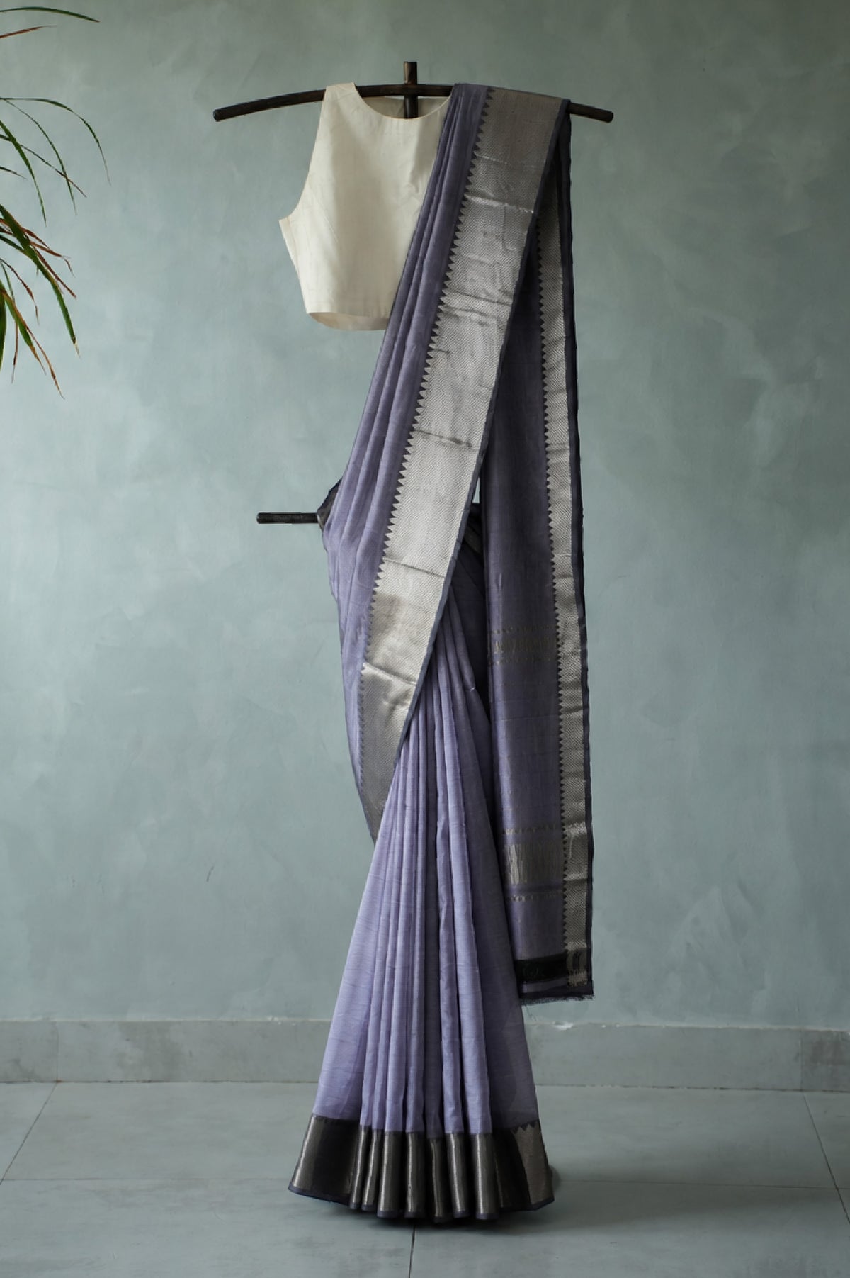 Soft Lavender Grey Mangalagiri Silk Cotton with Silver Border Saree
