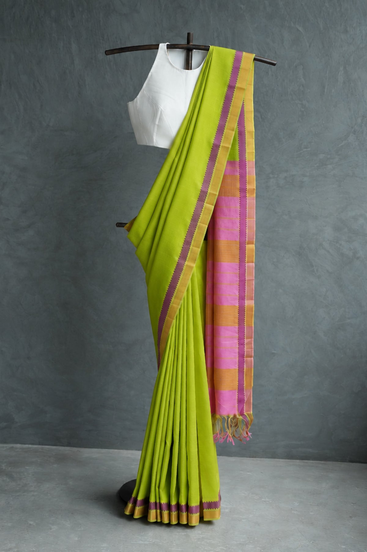Lime Green Mangalagiri Silk Cotton Saree with Purple and Gold Zari Border