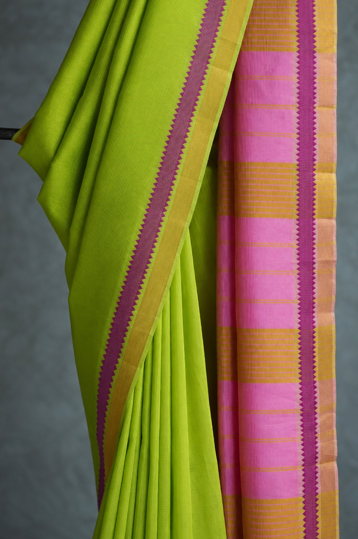 Lime Green Mangalagiri Silk Cotton Saree with Purple and Gold Zari Border