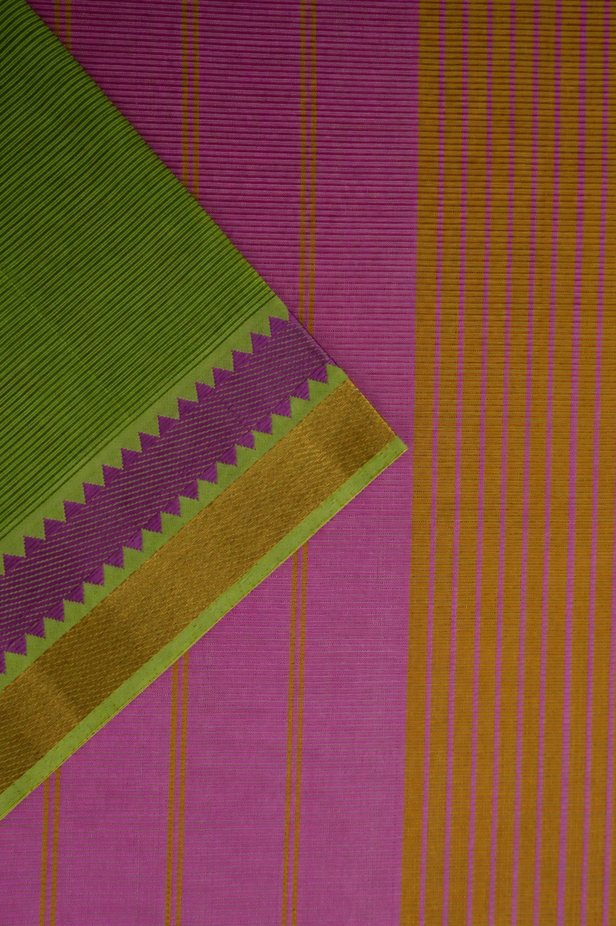 Lime Green Mangalagiri Silk Cotton Saree with Purple and Gold Zari Border