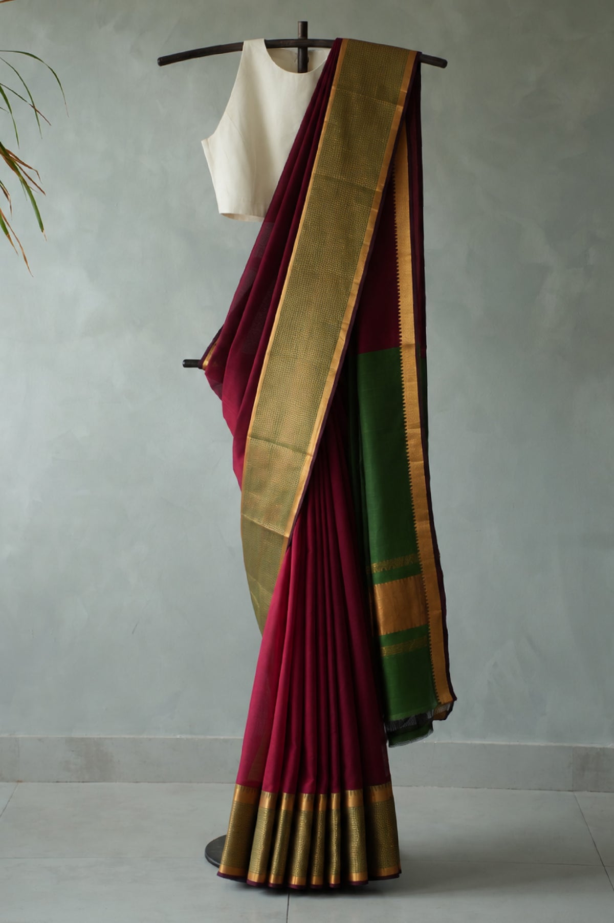 Deep Maroon Mangalagiri Silk Cotton with Bottle Green and Gold Zari Border Saree