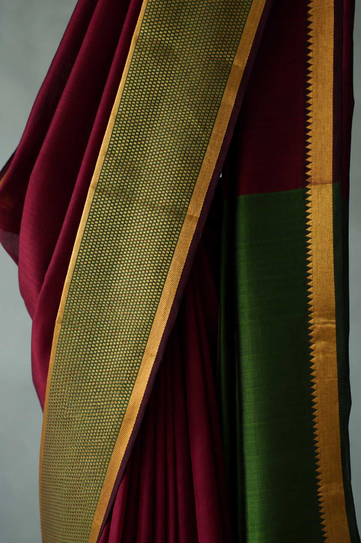 Deep Maroon Mangalagiri Silk Cotton with Bottle Green and Gold Zari Border Saree