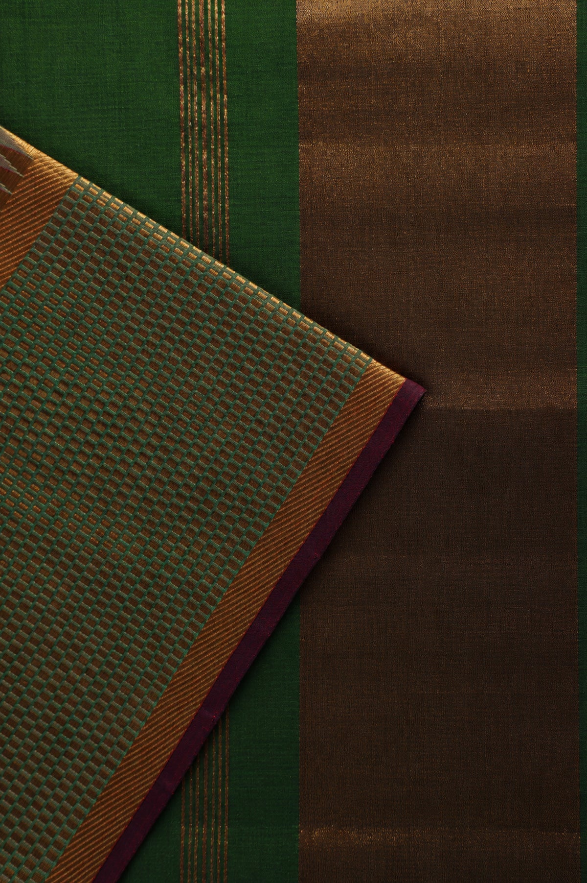 Deep Maroon Mangalagiri Silk Cotton with Bottle Green and Gold Zari Border Saree