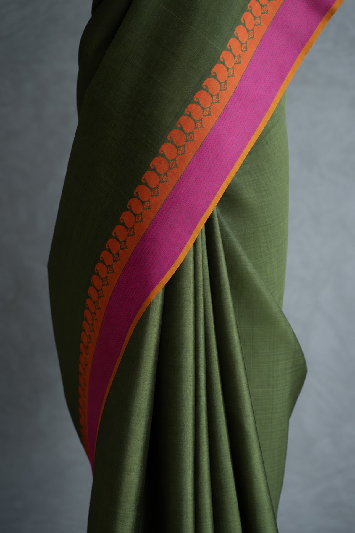 Olive Green Kanjivaram Silk with Orange and Magenta Pink Threadwork Border Saree