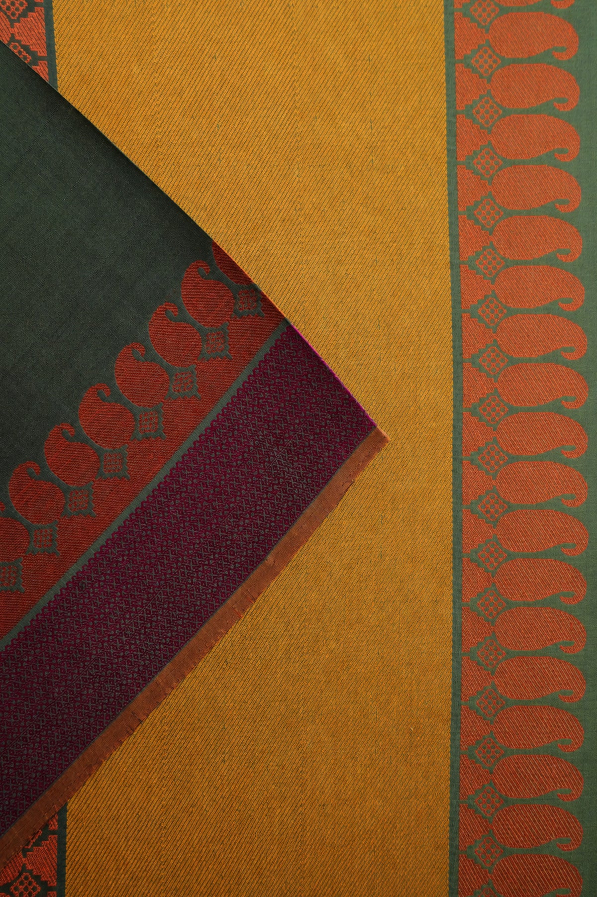 Olive Green Kanjivaram Silk with Orange and Magenta Pink Threadwork Border Saree