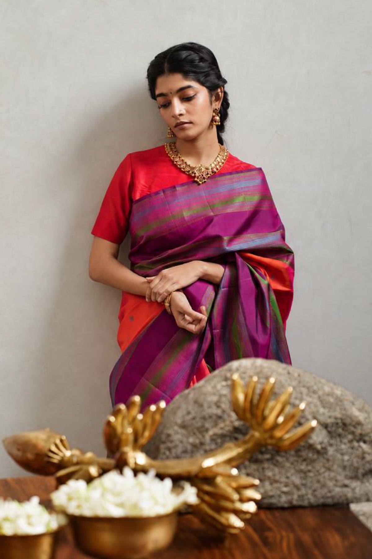 Vermilion Orange Kanchipuram Silk Saree with Multicolour Thread Work Border