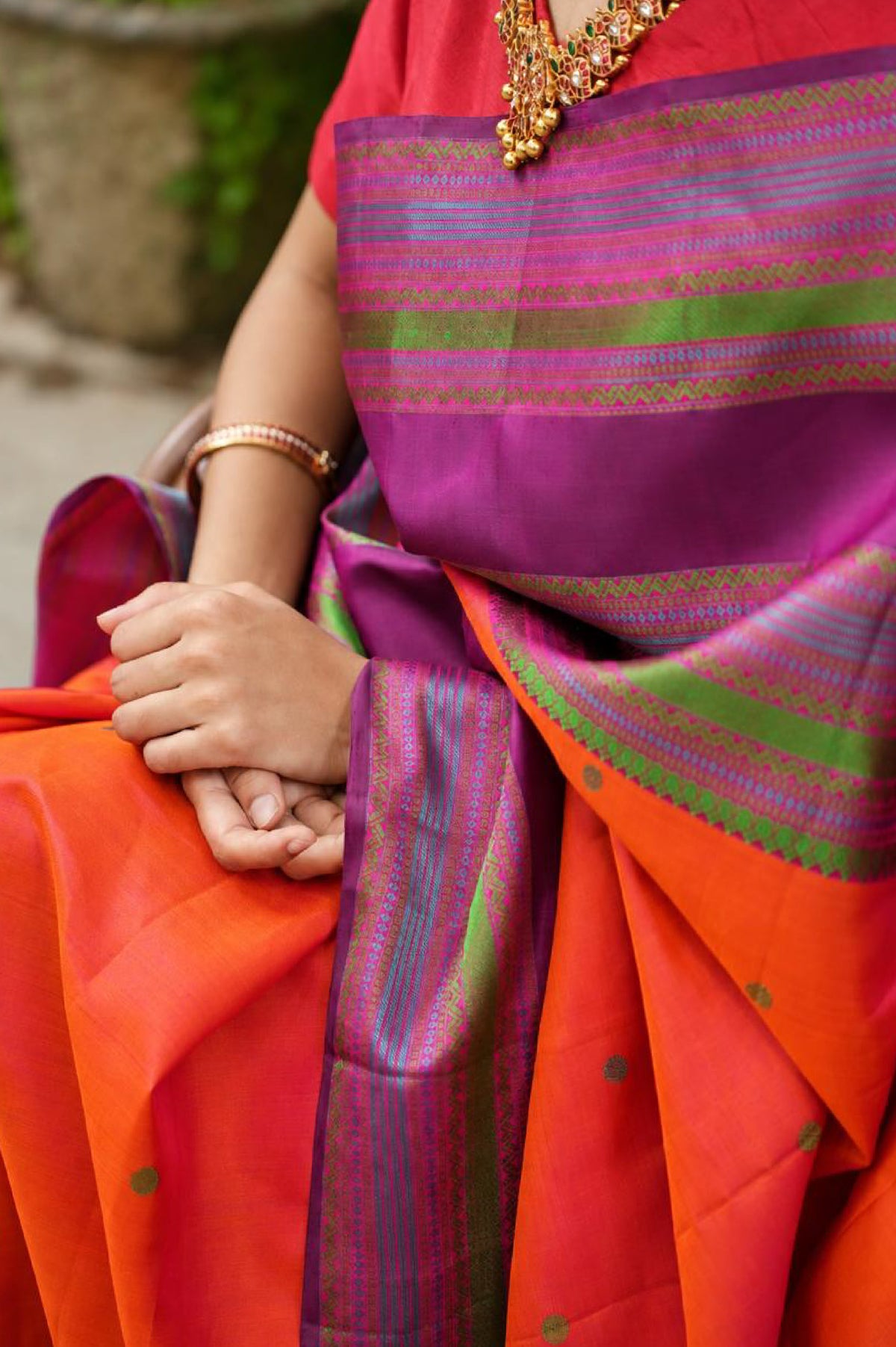 Vermilion Orange Kanchipuram Silk Saree with Multicolour Thread Work Border