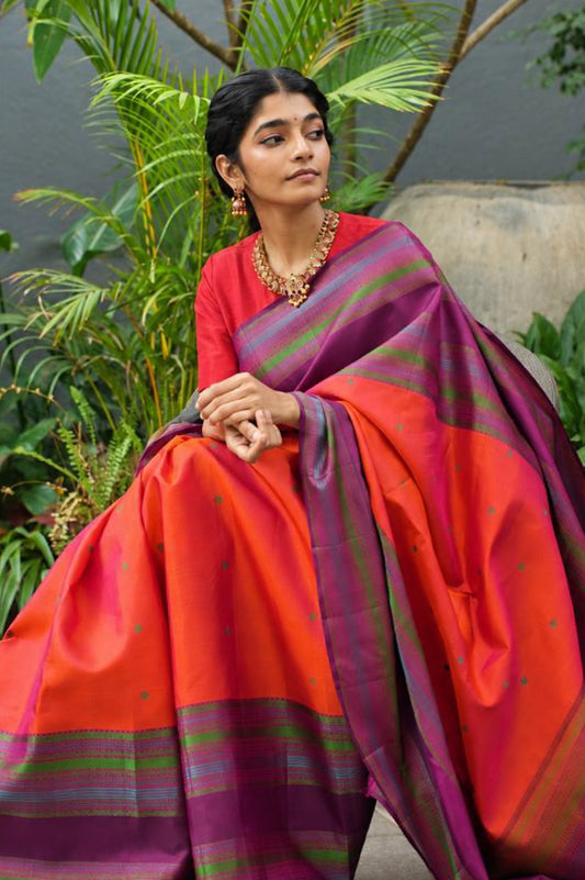 Vermilion Orange Kanchipuram Silk Saree with Multicolour Thread Work Border